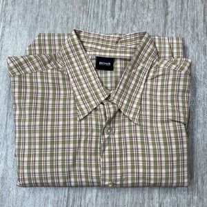 Hugo Boss Plaid Button Up Long Sleeve Shirt Men's Large Brown Beige Red